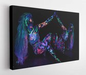 Canvas schilderij - Art woman body art on the body dancing in ultraviolet light. Bright abstract drawings on the girl body neon color. Fashion and art woman  -     1751481173 - 40*