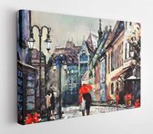 Canvas schilderij - European city of oil painting on canvas. Paris street view. Artwork. People under the red umbrella. Tree. - 674575003 - 50*40 Horizontal