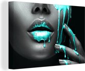 Canvas - Schilderij - Lippen - Vrouw - Blauw - Neon - Canvas doek - Schilderij vrouw - 120x80 - Foto op canvas - Wanddecoratie - Slaapkamer