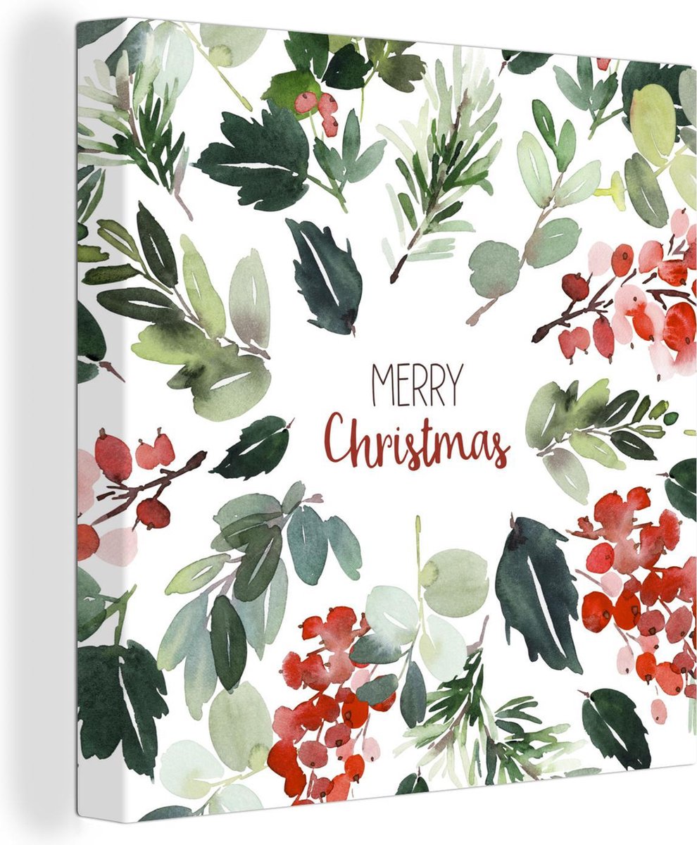 Canvas Schilderij Kerst - Quote - Waterverf - 20x20 cm - Wanddecoratie