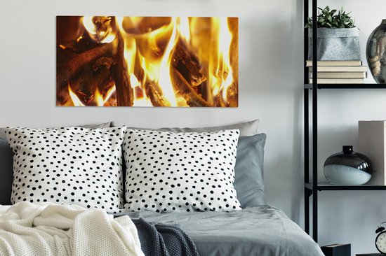 Tableau sur toile Une cheminée avec feu - 80x40 cm - Décoration murale