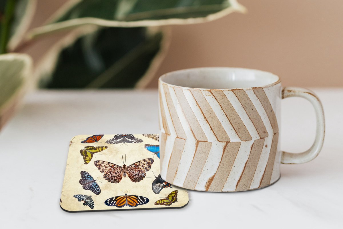 Onderzetters voor glazen - Botanische print vlinders - 10x10 cm - Glasonderzetters - 6 stuks