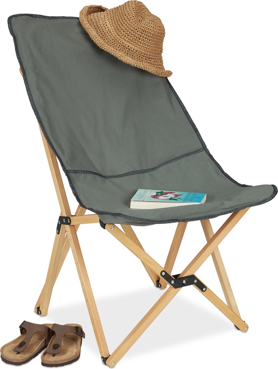Relaxdays campingstoel hout - grijsgroen - vissstoel - klapstoel tuin - vlinderstoel -
