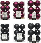 Kerstversiering kunststof kerstballen kleuren mix zwart/framboos roze 4-6-8 cm pakket van 68x stuks