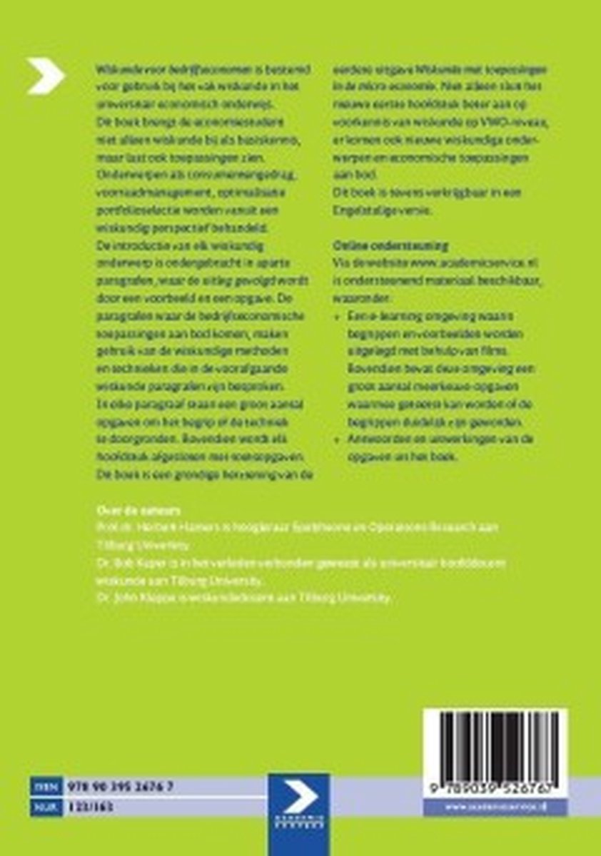 Achterkant boek Wiskunde voor bedrijfseconomen. Met ISBN, prijs en auteursinformatie.