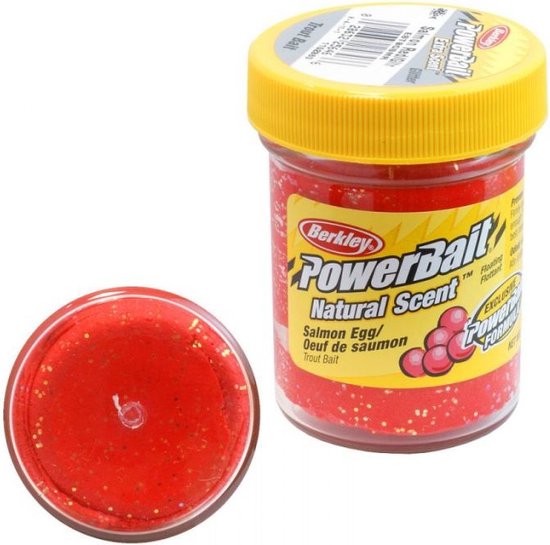 Berkley PowerBait Natural Scent Salmon Egg Trout Bait, rode kleur met glitter.