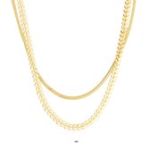 Twice As Nice Halsketting in goudkleurig edelstaal, dubbele ketting, platte slangketting, pijltjes motief 38 cm+5 cm