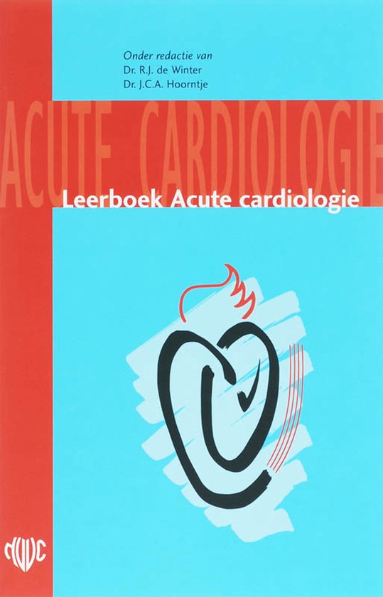 Boek 'Leerboek Acute cardiologie'. Rode en blauwe kaft met een hartsymbool en rode tekst.