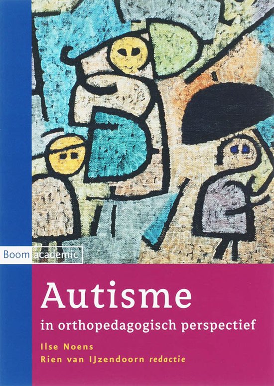 Boek 'Autisme in orthopedagogisch perspectief' met een abstracte, kleurrijke cover met kinderlijke tekeningen.