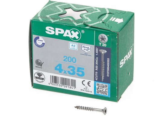 Boîte verte SPAX de 200 vis Torx inox 4x35. Une vis est posée devant la boîte.