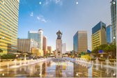 Gwanghwamun Plaza met het standbeeld Yi Sun in Seoul - Foto op Tuinposter - 90 x 60 cm