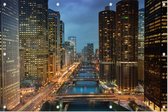 Wolkenkrabbers en skyline langs de Chicago River - Foto op Tuinposter - 120 x 80 cm
