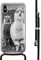 iPhone X/XS hoesje met koord - Lama cool hipster | Apple iPhone Xs crossbody case | Zwart, Transparant | Geometrisch patroon