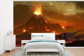 Behang - Fotobehang Dino - Vulkaan - Lava - Illustratie - Kinderen - Jongens - Kids - Breedte 345 cm x hoogte 220 cm