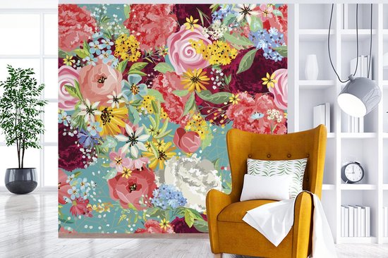 Papier peint photo peint vinyle - Une illustration de design floral coloré largeur 240 cm x hauteur 240 cm - Tirage photo sur papier peint (disponible en 7 tailles)