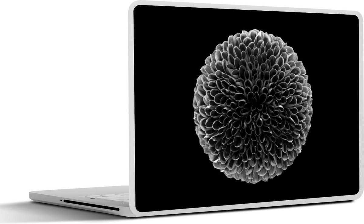 Afbeelding van product SleevesAndCases  Laptop sticker - 15.6 inch - Een bolvormige Chrysanthemum bloem op een zwarte achtergrond - zwart wit
