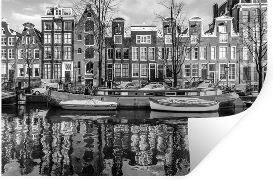 Muurstickers - Sticker Folie - Kanaal in Amsterdam - zwart wit - 90x60 cm - Plakfolie - Muurstickers Kinderkamer - Zelfklevend Behang - Zelfklevend behangpapier - Stickerfolie