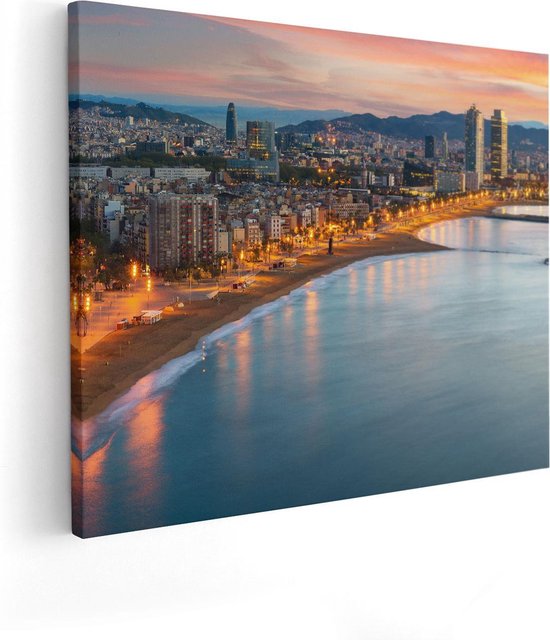 Artaza Canvas Schilderij Barcelona Strand met Stad bij Zonsondergang - 50x40 - Foto Op Canvas - Canvas Print