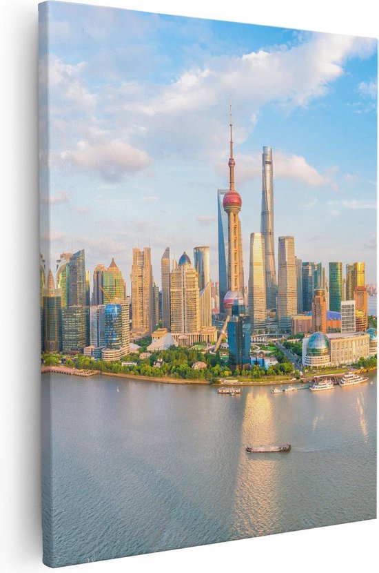 Artaza - Canvas Schilderij - Skyline Shanghai Stad in China - 80x100 - Groot - Foto Op Canvas - Canvas Print