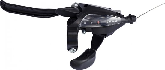 Zwarte Shimano versnellingspook met hendel, 3 versnellingen zichtbaar en kabel.