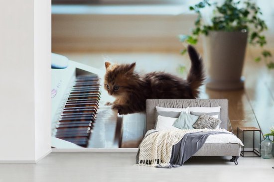 Papier peint photo peint photo vinyle - Chaton jouant avec un piano largeur 390 cm x hauteur 260 cm - Tirage photo sur papier peint (disponible en 7 tailles)
