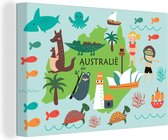Canvas Wereldkaart - 30x20 - Wanddecoratie Wereldkaart Kinderen - Australië - Dieren