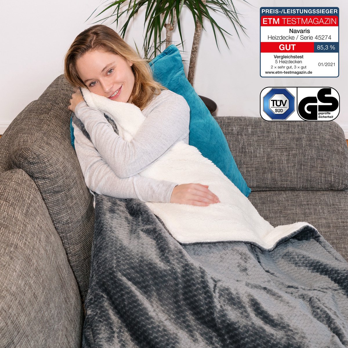 Afbeelding 2 van Navaris XXL warmtedeken voor 2 personen - Elektrische deken met 3 standen en timer - Bovendeken - 180 x 130 cm - Fluweelzacht - Wasbaar