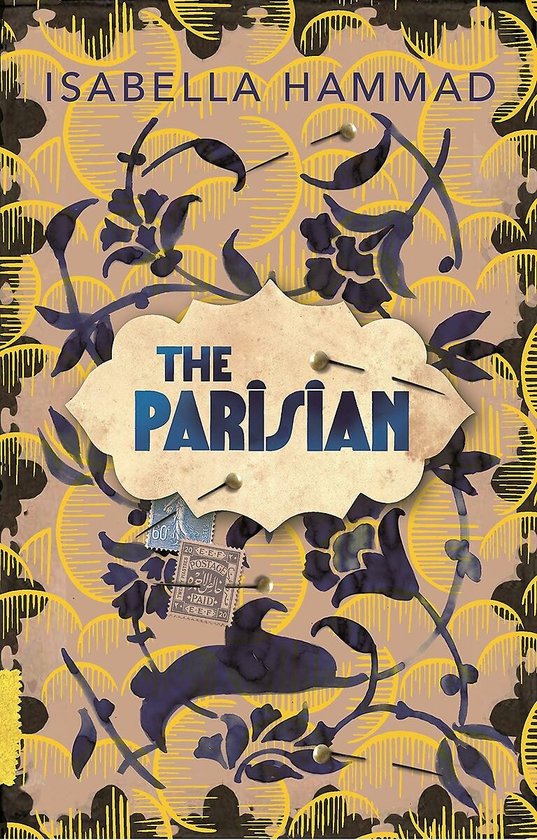 Couverture du livre 'The Parisian' avec des motifs jaunes et bruns et des fleurs violettes. Titre en lettres bleues.