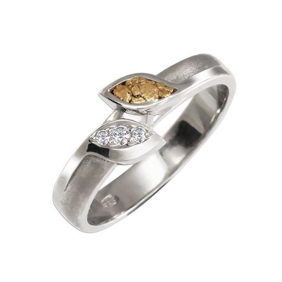 AuBor®. Wit-gouden ring met bladeren van goud en diamant. 16.5mm