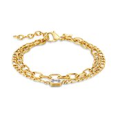 Twice As Nice Armband in goudkleurig edelstaal, 2 verschillende kettingen, 1 rechthoekig kristal  16 cm+3 cm