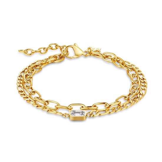 Twice As Nice Armband in goudkleurig edelstaal, 2 verschillende kettingen, 1 rechthoekig kristal 16 cm+3 cm