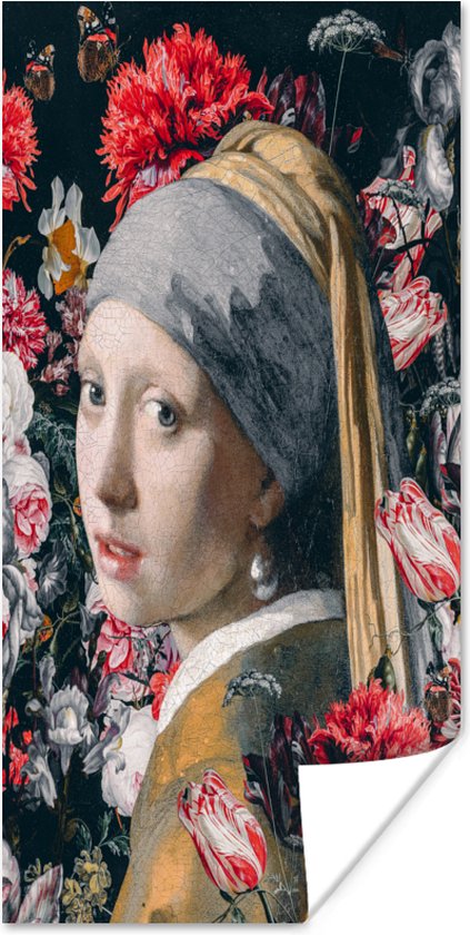 Poster Meisje met de parel - Bloemen - Vermeer - 80x160 cm