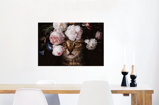Affiche Chat - Fleurs - Art - 90x60 cm