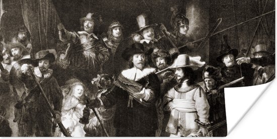 Poster De Nachtwacht in zwart-wit - Schilderij van Rembrandt van Rijn - 160x80 cm