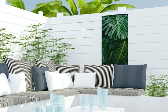 Tuinposter 30x60 cm - Tuindecoratie Donkergroene botanische bladeren in een tuin - Poster voor in de tuin - Buiten decoratie - Schutting tuinschilderij - Tuindoek muurdecoratie - Wanddecoratie balkondoek