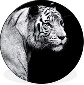 WallCircle - Wandcirkel - Muurcirkel - Dierenprofiel tijger in zwart-wit - Aluminium - Dibond - ⌀ 30 cm - Binnen en Buiten