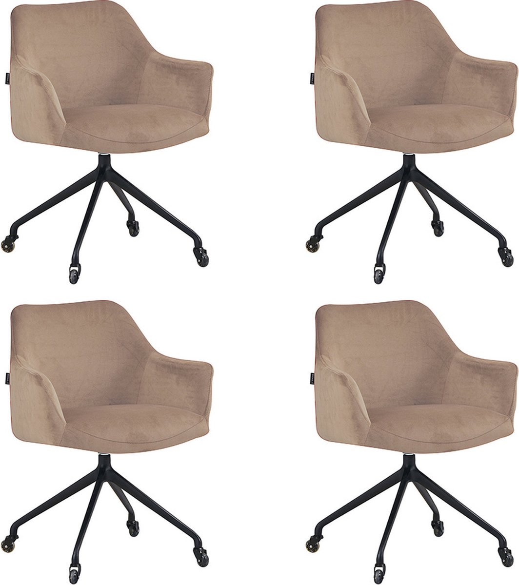 Bronx71 Eetkamerstoel met wieltjes Quinn taupe velvet - Eetkamerstoelen set van 4 - stoel Taupe, Beige