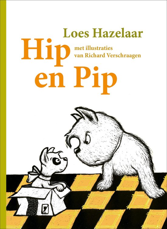Boekcover 'Hip en Pip' met twee honden, een grote en een kleine, die elkaar aankijken. De kleine hond zit in een kartonnen doos.