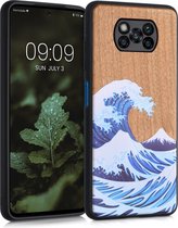 kwmobile telefoonhoesje compatibel met Xiaomi Poco X3 NFC / Poco X3 Pro - Hoesje met bumper in blauw / wit / bruin - kersenhout - Golven op Hout design