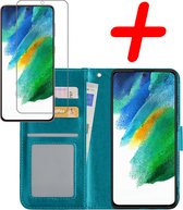 Hoes Geschikt voor Samsung S21 FE Hoesje Bookcase Hoes Flip Case Book Cover Met Screenprotector - Hoesje Geschikt voor Samsung Galaxy S21 FE Hoes Book Case Hoesje - Turquoise