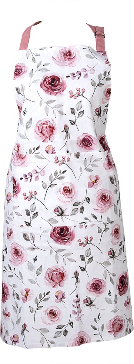 Clayre & Eef Keukenschort 70x85 cm Wit Roze Katoen Rozen