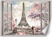 Trend24 - Behang - Venster Met Uitzicht Op De Eiffeltoren - Behangpapier - Fotobehang - Behang Woonkamer - 140x100 cm - Incl. behanglijm