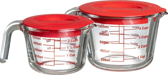 Sareva Maatbeker Set (500 ml & 1 liter) - met deksel - Hittebestendig Glas