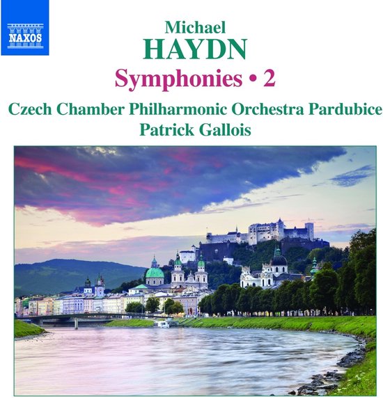 Hoes van CD 'Michael Haydn: Symphonies 2' met een afbeelding van de stad Salzburg, Oostenrijk, bij zonsondergang.