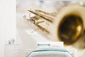 Behang - Fotobehang Een goudkleurige trompet - Breedte 325 cm x hoogte 260 cm