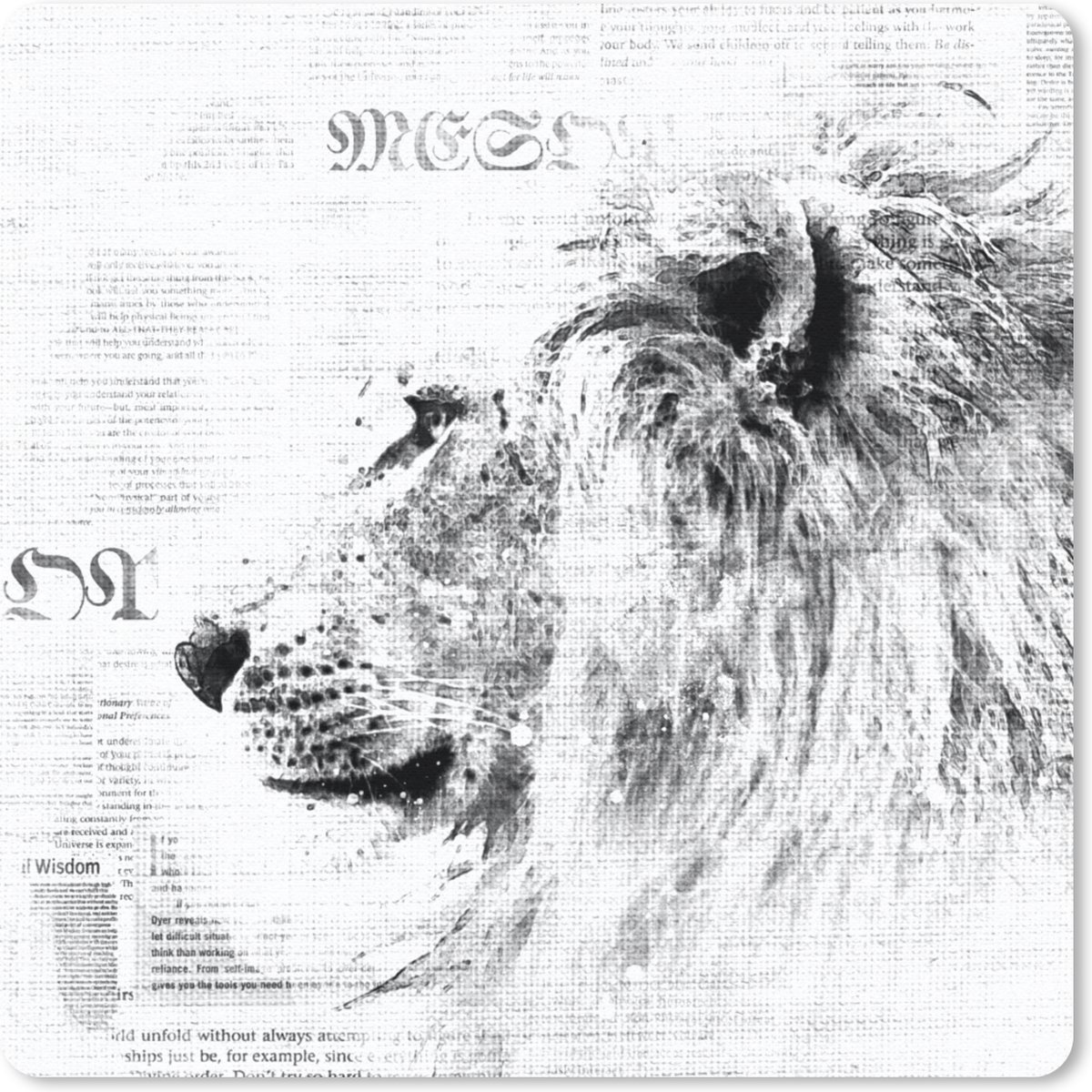 Muismat 30x30 cm - Mousepad Leeuw - Krant - Zwart - Wit - Muismatten