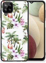 Doorzichtig Hoesje Geschikt voor Samsung Galaxy A12 GSM Hoesje met Zwarte rand Flamingo Palms