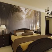 Fotobehangkoning - Behang - Vliesbehang - Fotobehang 3D Poort van Bomen in de Mist - 200 x 154 cm
