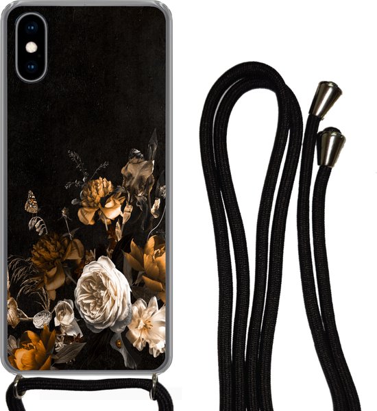 Coque avec cordon iPhone X - Bloem - Gold - Motifs - Siliconen - Bandoulière - Coque arrière avec cordon - Coque pour téléphone avec cordon - Coque avec corde