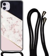 Hoesje met koord Geschikt voor iPhone 12 - Marmer print - Roségoud - Luxe - Siliconen - Crossbody - Backcover met Koord - Telefoonhoesje met koord - Hoesje met touw